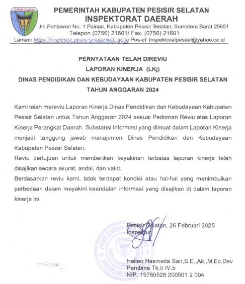 Hasil Reviu Laporan Kinerja (LKj) Tahun 2024 Disdikbud Oleh Tim Penilaian Inspektorat Daerah Kab Pes